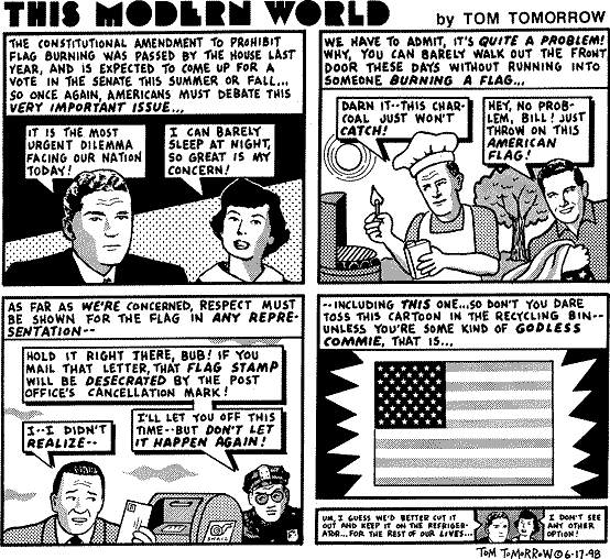 Snarky Tom Tomorrow cartoon about the flag burning amendment