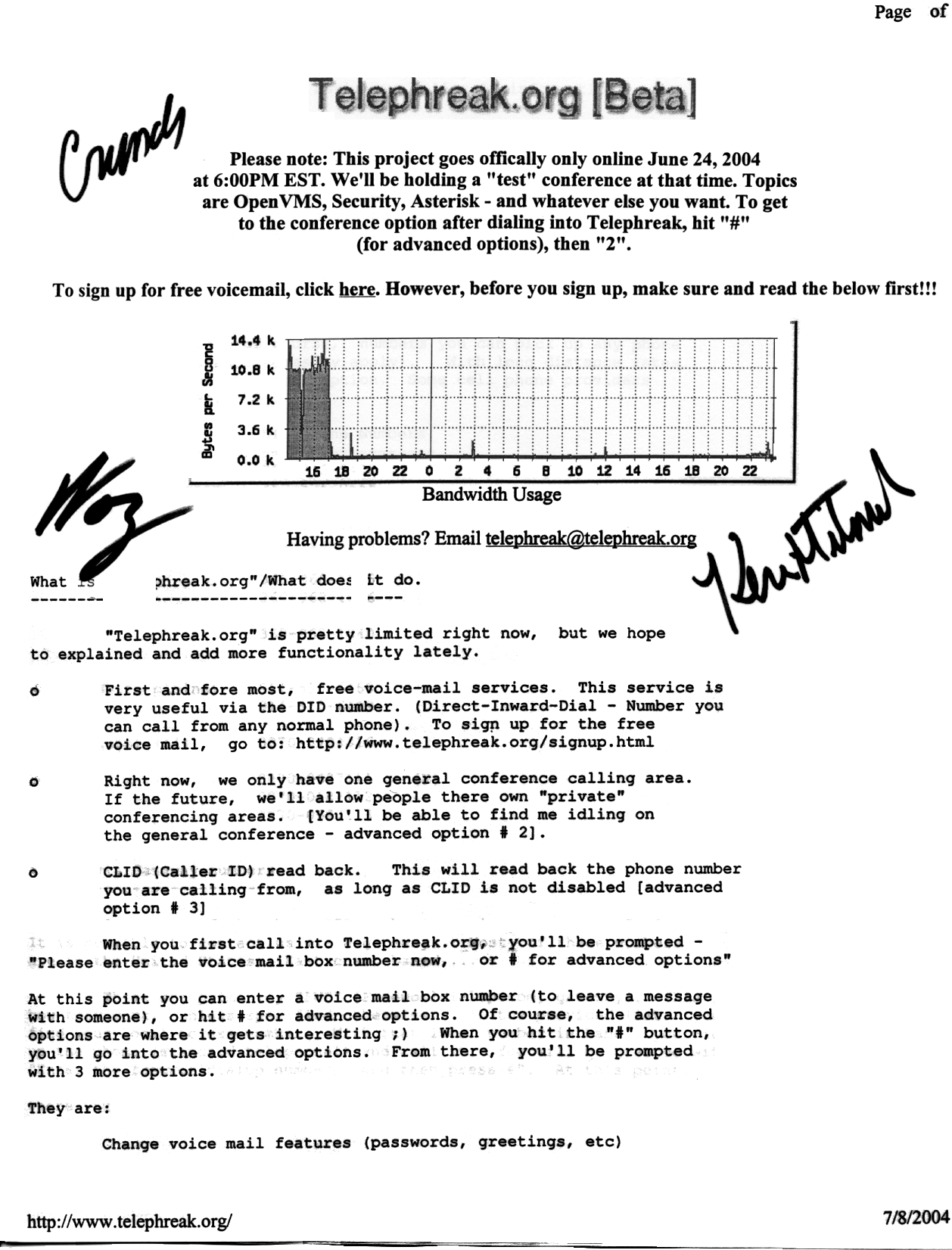 Telephreak.org flyer,  signed by 'Captain Crunch' (John T. Draper), Steve 'Woz' Wozniak, and Kevin Mitnick.