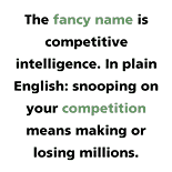 The fancy name is competitive intelligence. In plain English:
snooping on your competition means making or losing millions.