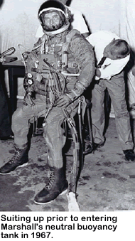 Picture of Werner von Braun suiting up prior to entering Marshall's neutral buoyancy tank in 1967.