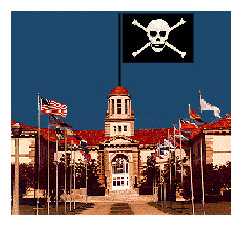School of America's building with skull and cross bones flag